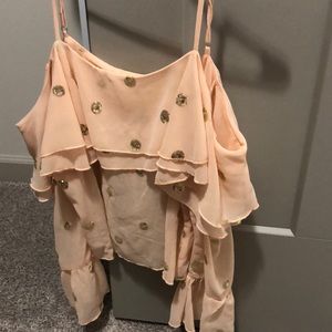 Cold-shoulder, sheer, tiered blouse